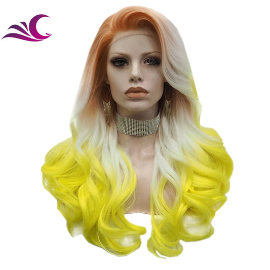 as pics / S23-2026-01-raise Celebrity ombre orange yellow colorful drag queen wigs heat resistant fiber synthetic lace front wig
