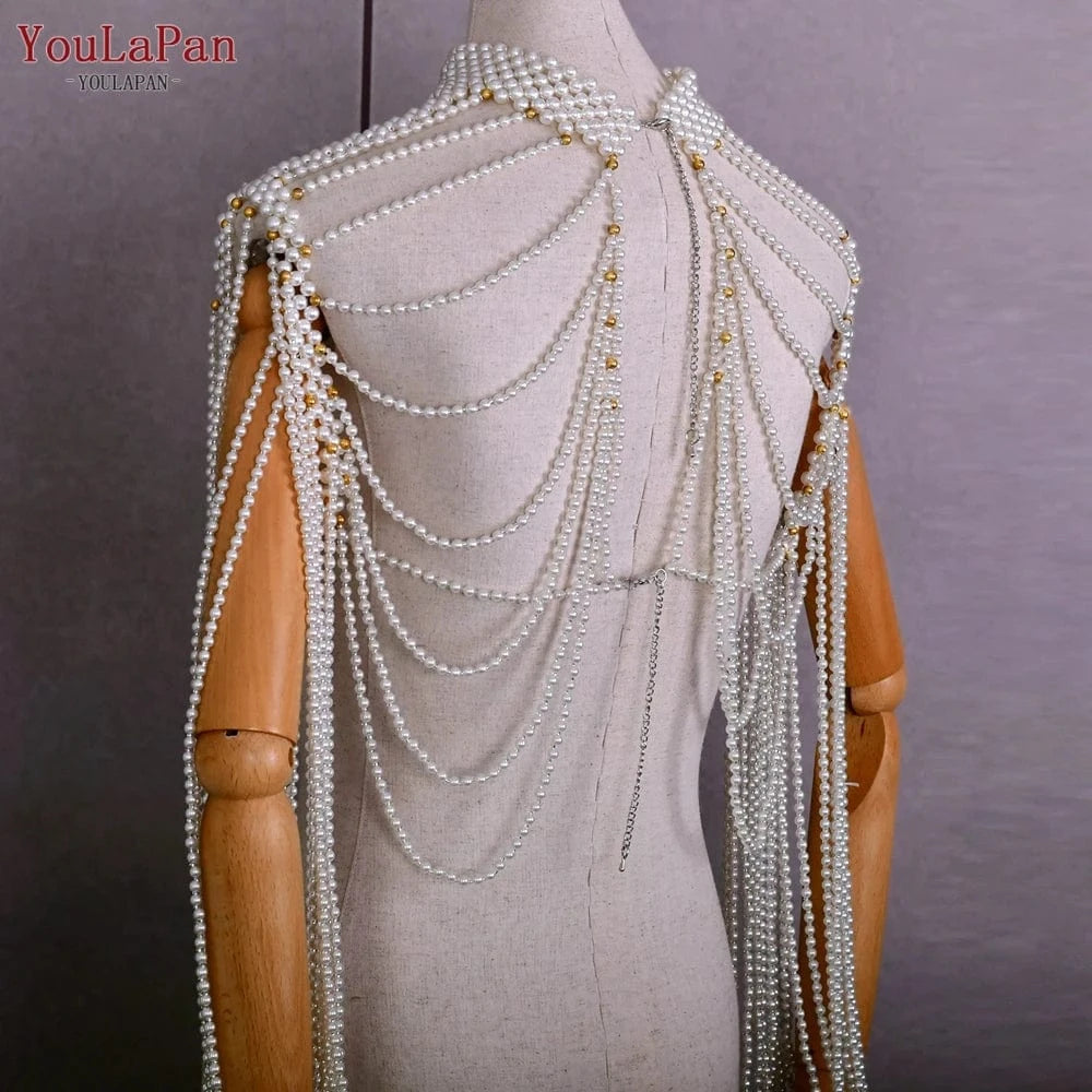 as the picture shows YouLaPan VG67 Sexy Women Shawl Pearl Chain Cutout Top Cover Up Beaded Bolero Bikini Cape Bridal Dress Body Chain