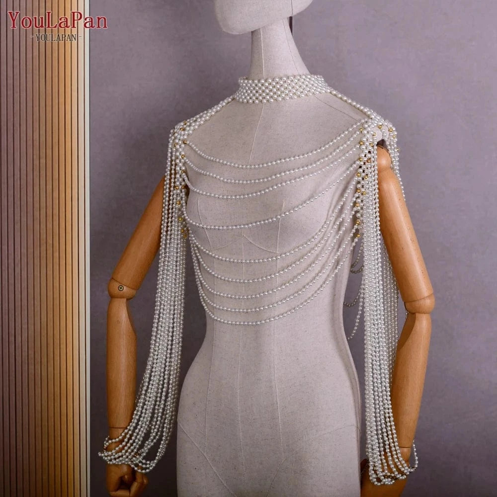 as the picture shows YouLaPan VG67 Sexy Women Shawl Pearl Chain Cutout Top Cover Up Beaded Bolero Bikini Cape Bridal Dress Body Chain