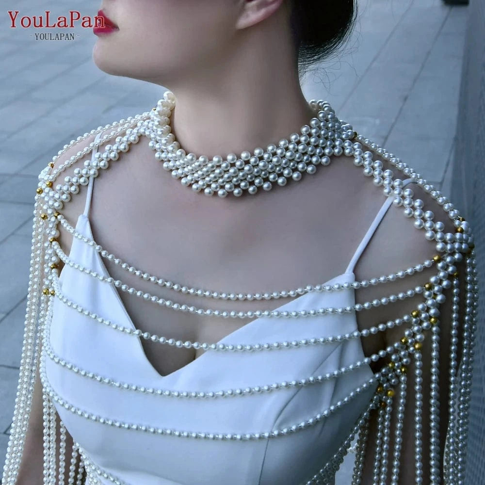 as the picture shows YouLaPan VG67 Sexy Women Shawl Pearl Chain Cutout Top Cover Up Beaded Bolero Bikini Cape Bridal Dress Body Chain