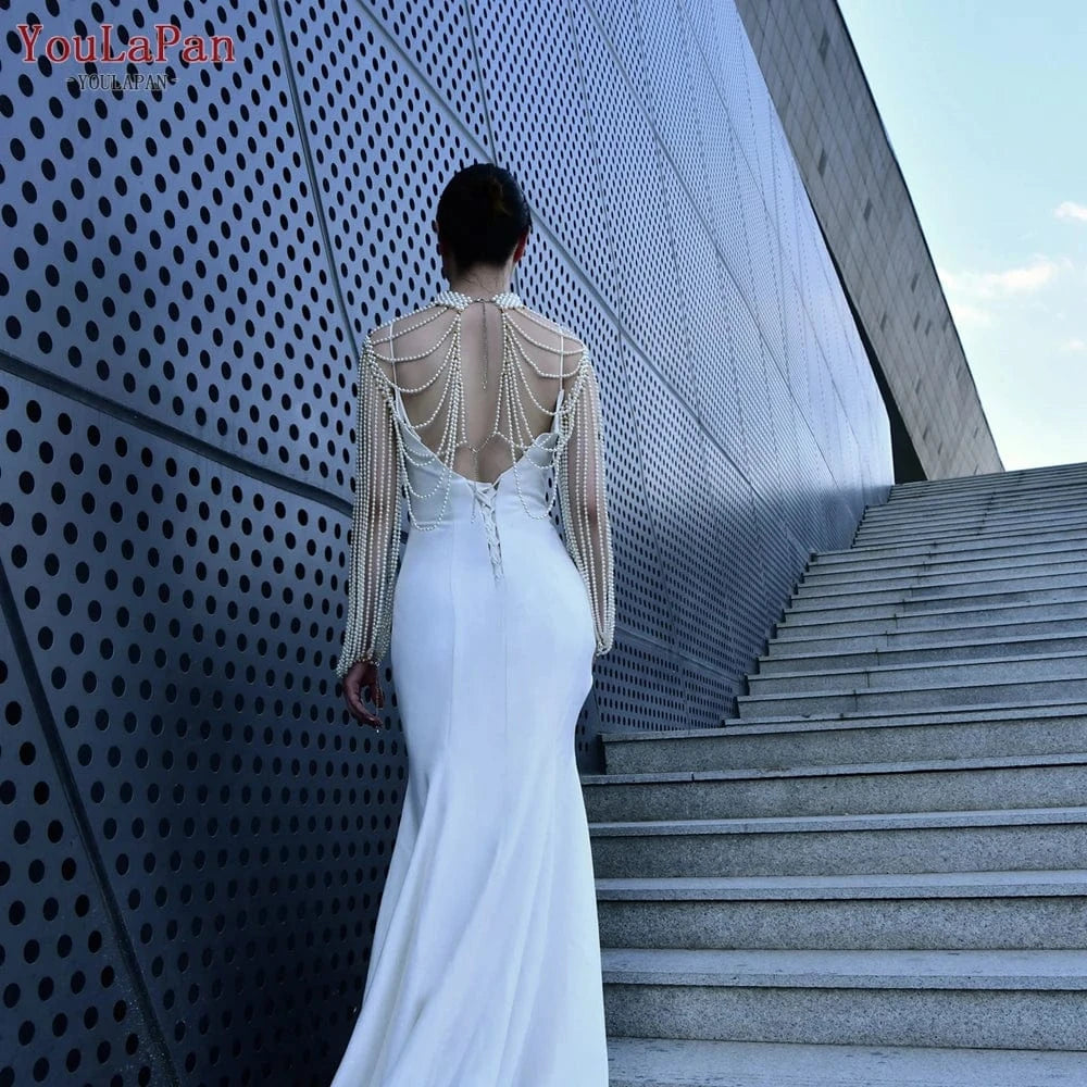 as the picture shows YouLaPan VG67 Sexy Women Shawl Pearl Chain Cutout Top Cover Up Beaded Bolero Bikini Cape Bridal Dress Body Chain