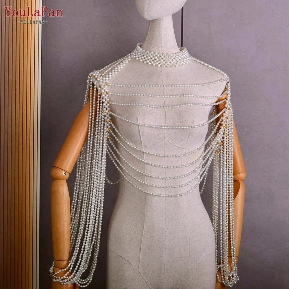 as the picture shows YouLaPan VG67 Sexy Women Shawl Pearl Chain Cutout Top Cover Up Beaded Bolero Bikini Cape Bridal Dress Body Chain