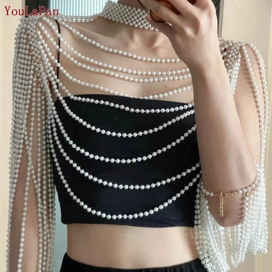as the picture shows YouLaPan VG67 Sexy Women Shawl Pearl Chain Cutout Top Cover Up Beaded Bolero Bikini Cape Bridal Dress Body Chain