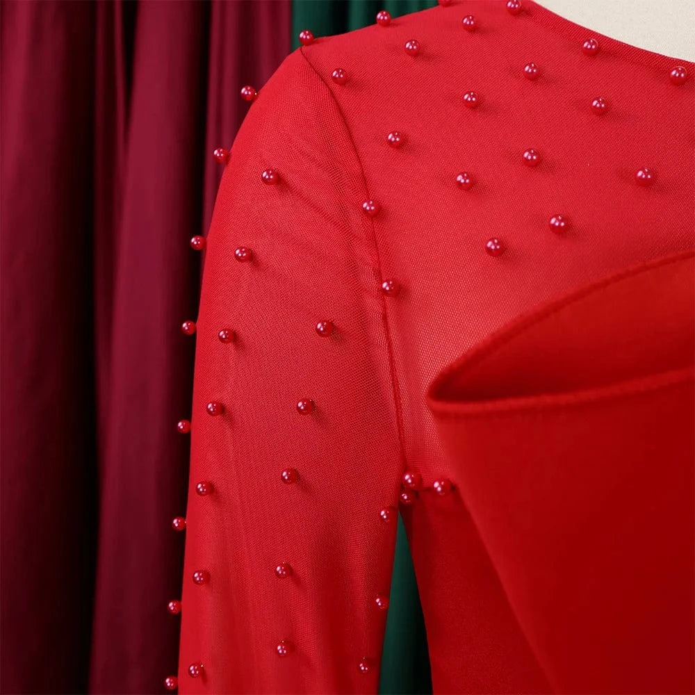 Asymmetrical Sleeve Patchwork Beading Women Red Jumpsuits For Christmas