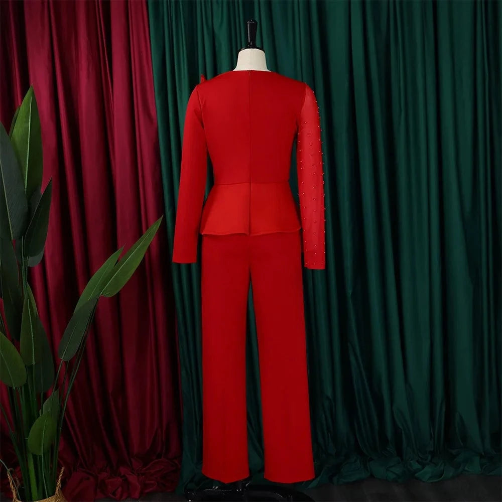 Asymmetrical Sleeve Patchwork Beading Women Red Jumpsuits For Christmas