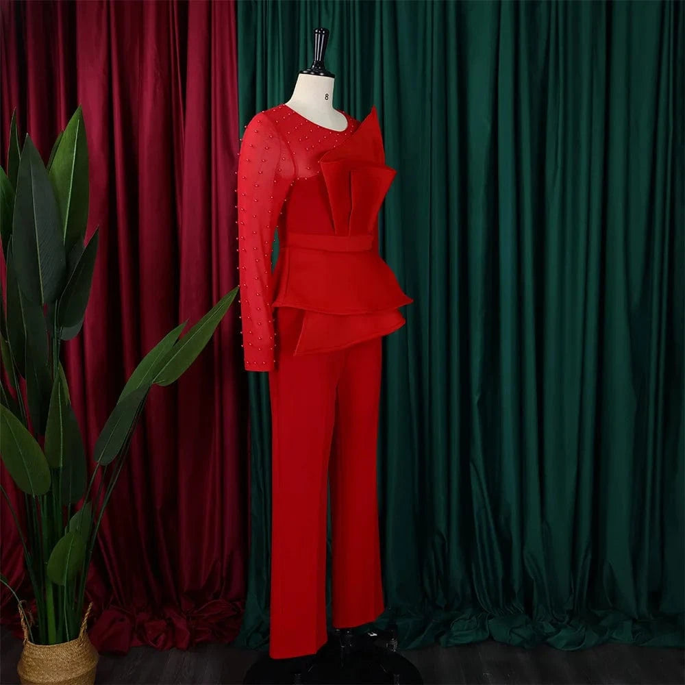 Asymmetrical Sleeve Patchwork Beading Women Red Jumpsuits For Christmas