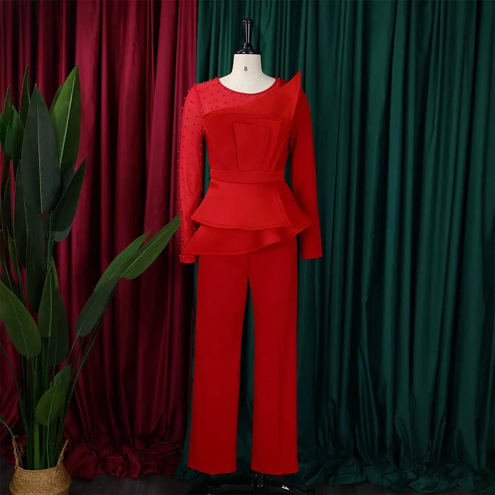 Asymmetrical Sleeve Patchwork Beading Women Red Jumpsuits For Christmas