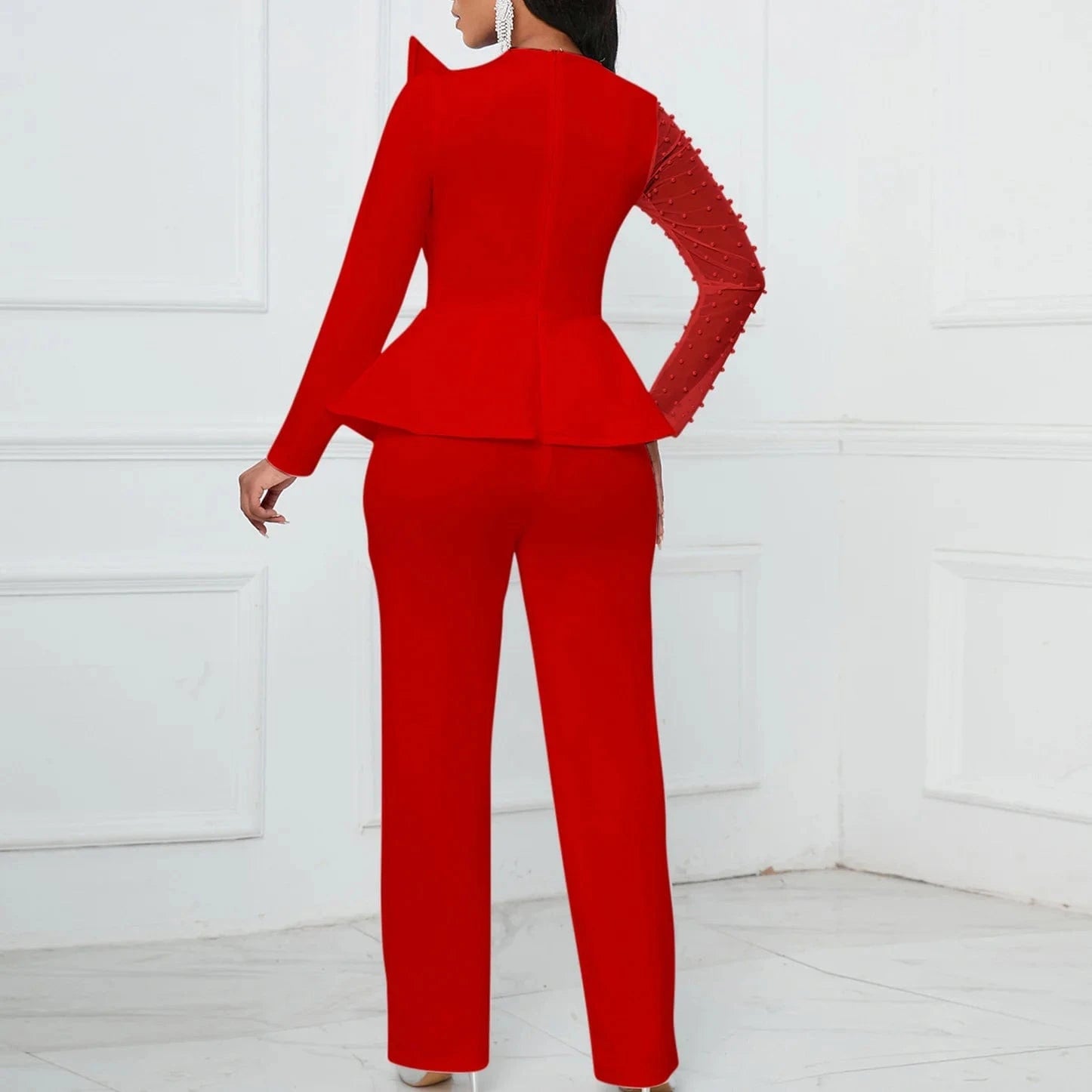 Asymmetrical Sleeve Patchwork Beading Women Red Jumpsuits For Christmas