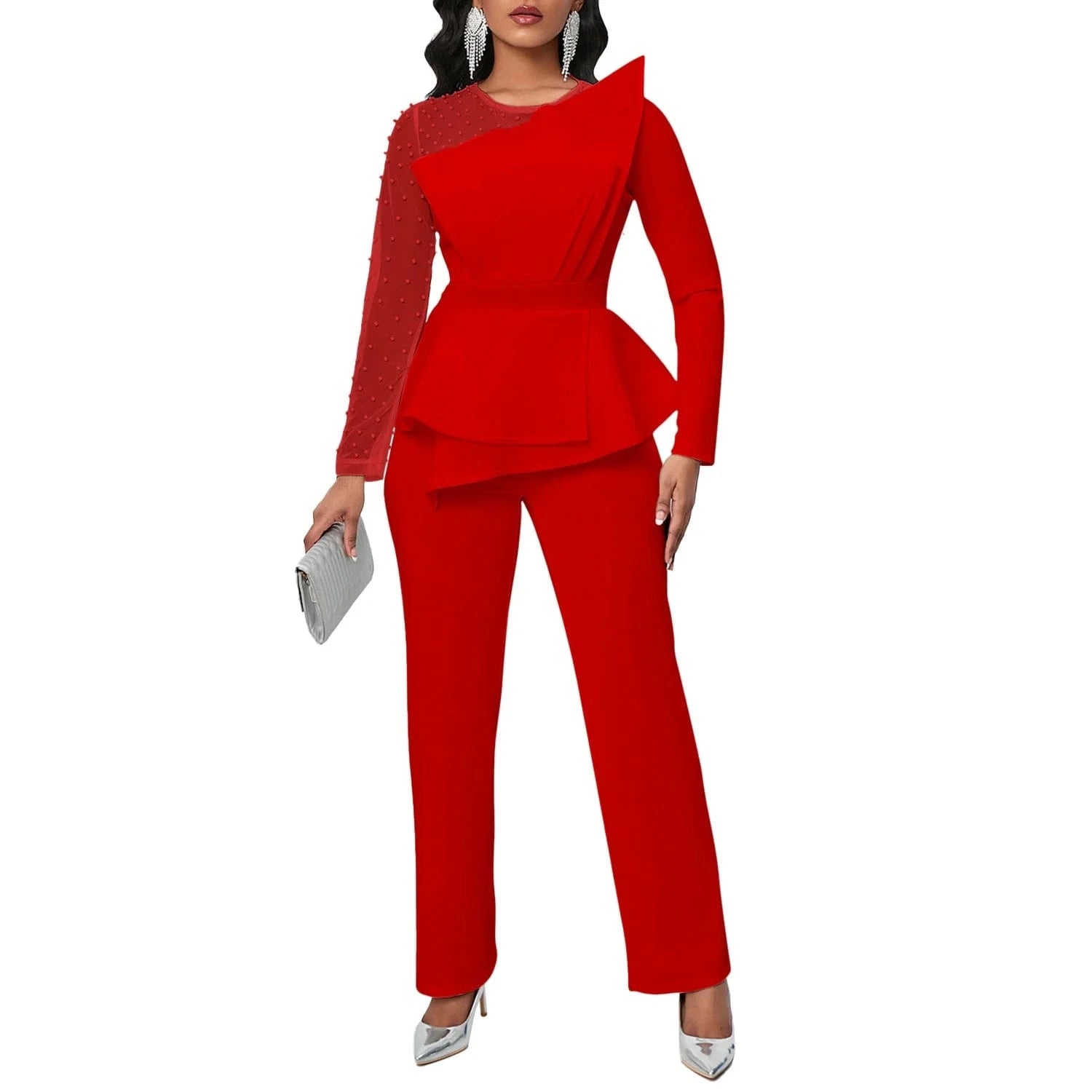 Asymmetrical Sleeve Patchwork Beading Women Red Jumpsuits For Christmas