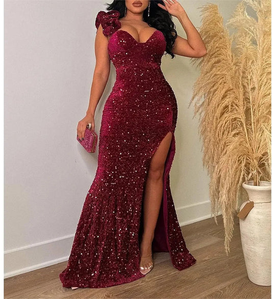 Asymmetrical Strap Sexy Sequin Velvet High Slit Evening Dresses Women