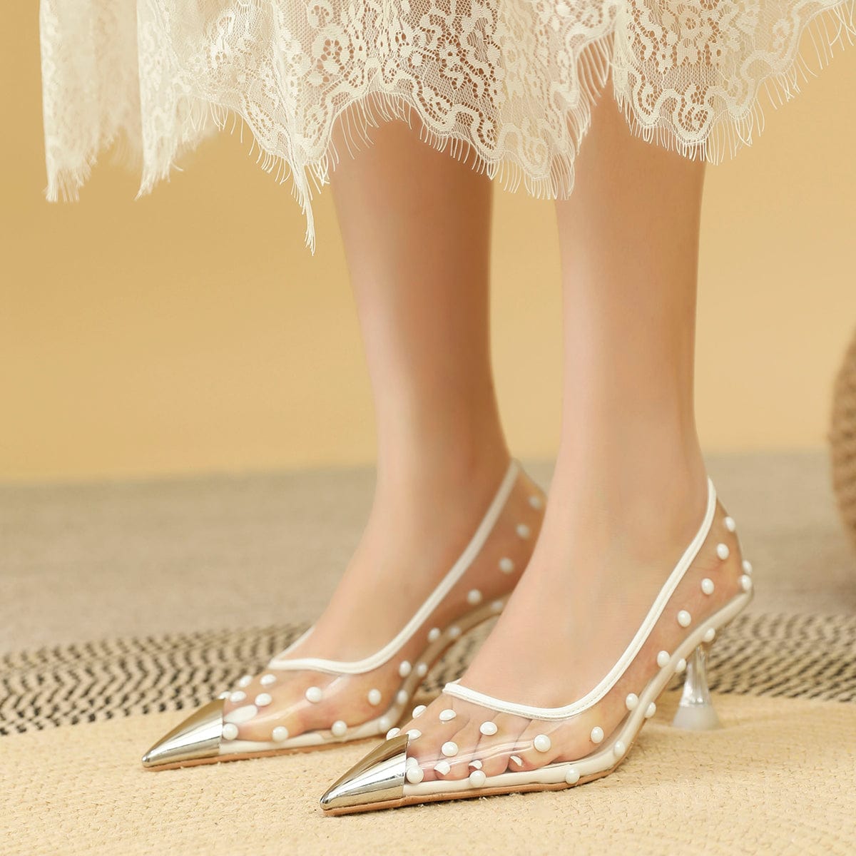 Autumn 2023 New Crystal Heel Color Contrast Iron Head Light Mid Heel Casual Women's Single Shoes Women's Pumps