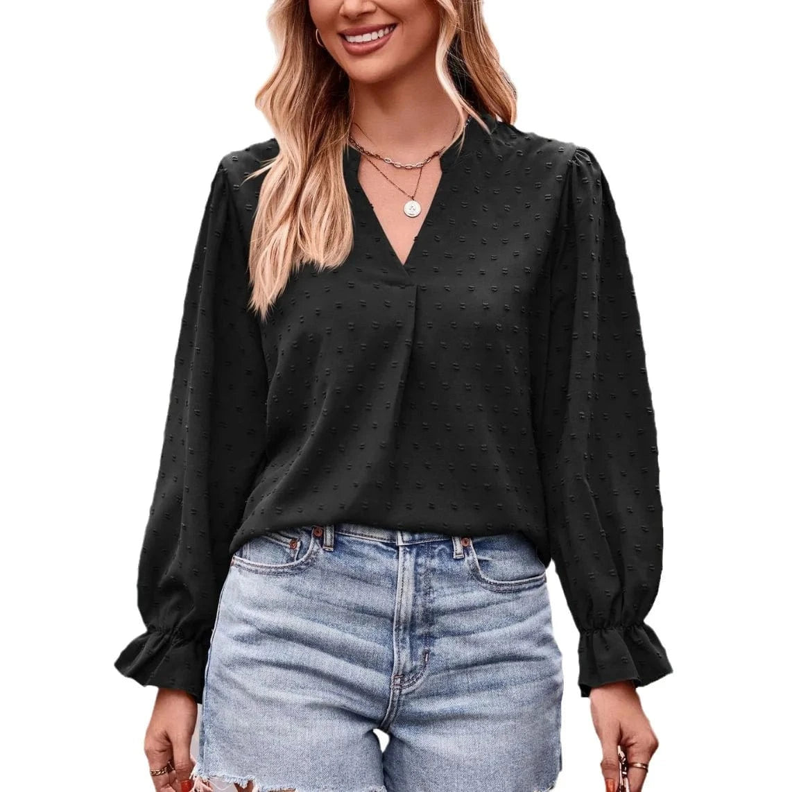 Autumn 2023 New European and American Women's Jacquard T-shirt V-neck Loose Long Sleeve Umbrella Sleeve top
