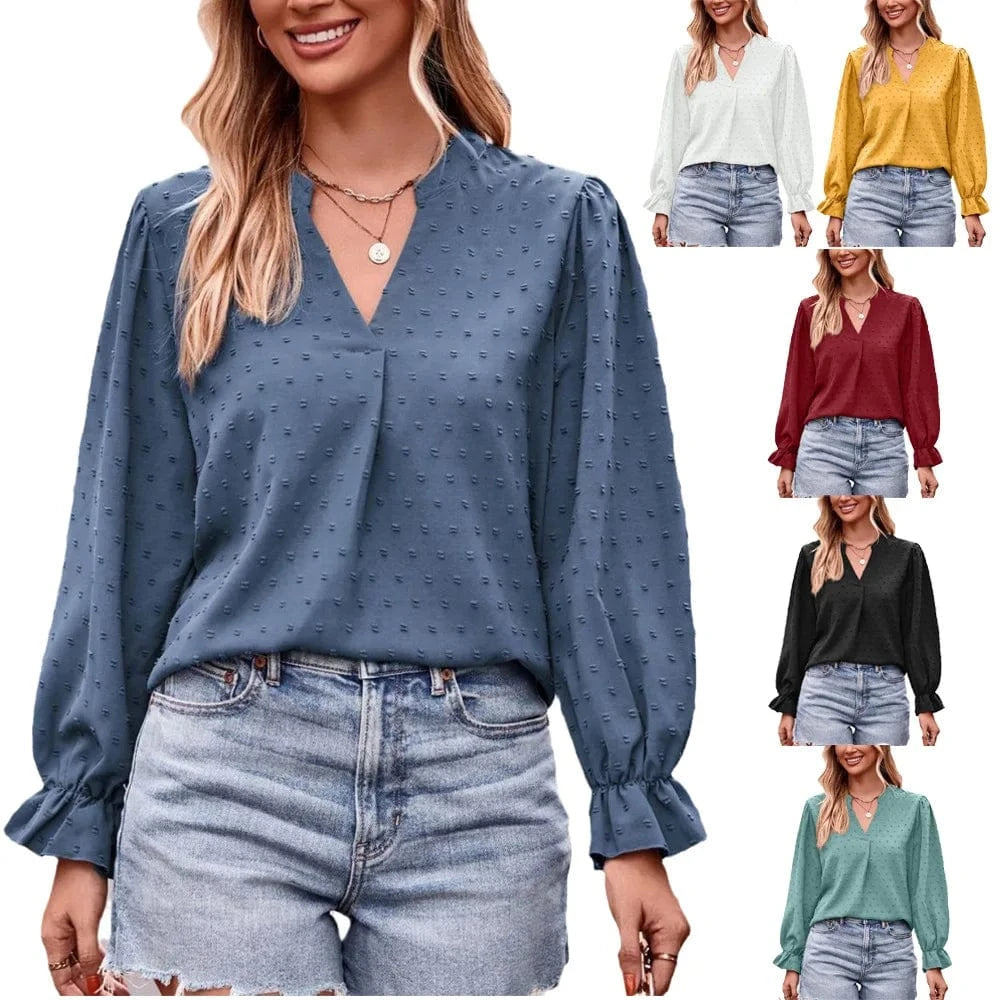 Autumn 2023 New European and American Women's Jacquard T-shirt V-neck Loose Long Sleeve Umbrella Sleeve top