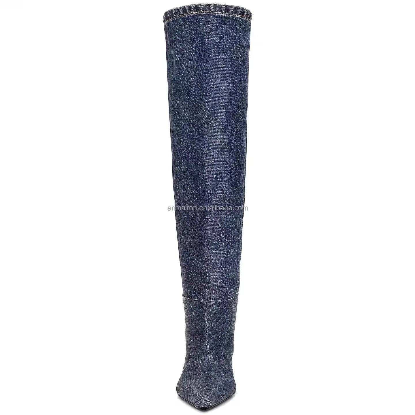 Autumn and winter 2023 new knee high boots zipper jeans wash water to create the old design platform high-heeled boots