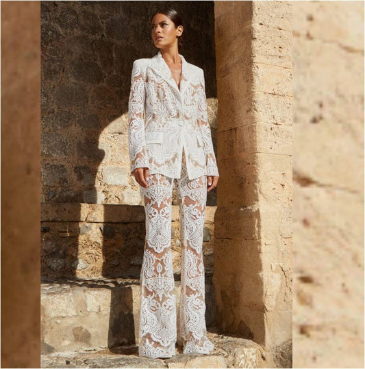 Autumn and Winter Elegant Ladies White Lace Sequin Tuxedo Suit and Pants Sets Women Blazer Set