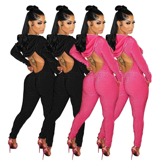 Autumn and winter new deep V back hooded slim nightclub style cut-out sexy jumpsuit