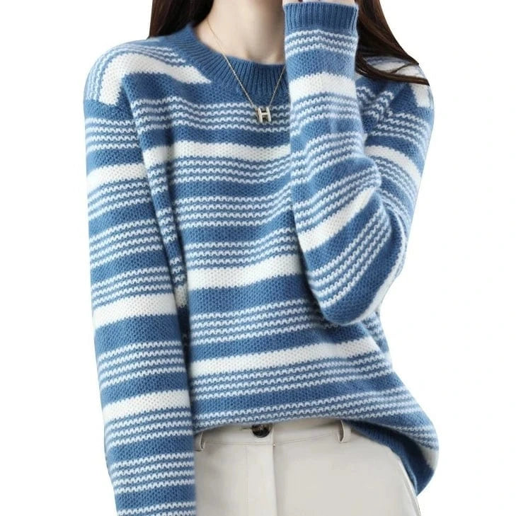 Autumn And Winter New Fashion Crew Neck Loose Stripe Women's Pullover Long Sleeve Knitted Sweater 2023