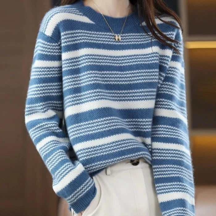 Autumn And Winter New Fashion Crew Neck Loose Stripe Women's Pullover Long Sleeve Knitted Sweater 2023