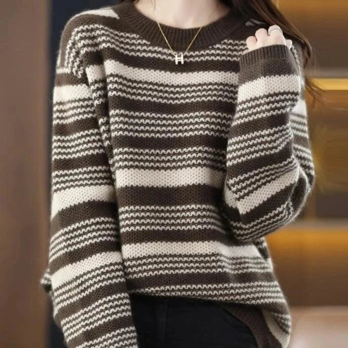 Autumn And Winter New Fashion Crew Neck Loose Stripe Women's Pullover Long Sleeve Knitted Sweater 2023