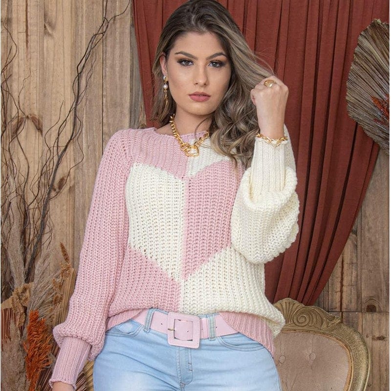 Autumn And Winter New Round Neck Irregular Pullover Base Women's Elegant Bell Sleeve Love Contrast Color Knitted Sweater