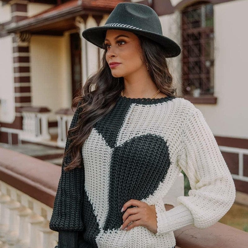 Autumn And Winter New Round Neck Irregular Pullover Base Women's Elegant Bell Sleeve Love Contrast Color Knitted Sweater