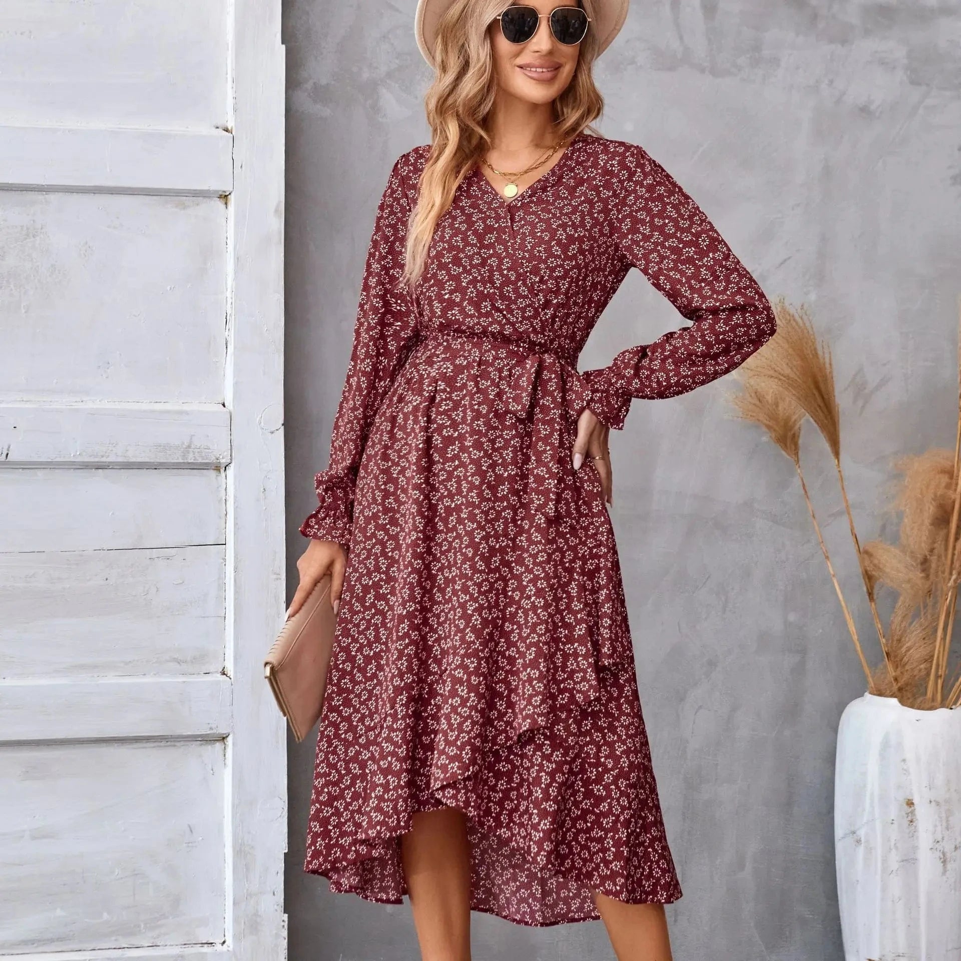 Autumn and Winter Printed V-neck Long-sleeved dress women's Commuting Temperament Lace-up Women's dress