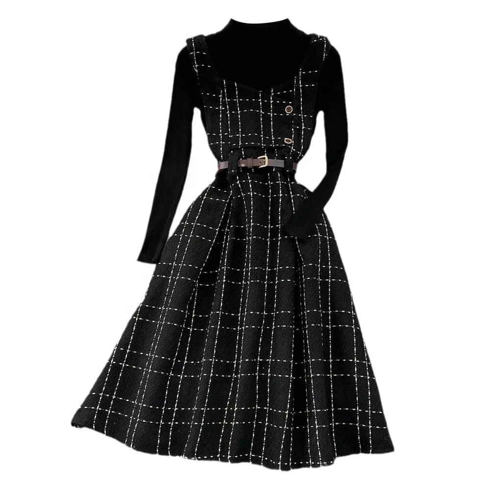 Autumn And Winter Retro Collar Sweater Two-Piece Plaid Tweed A-Line Dresses