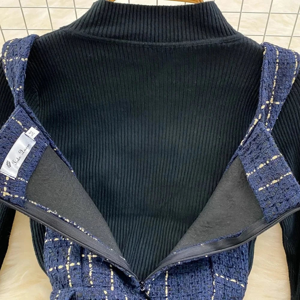 Autumn And Winter Retro Collar Sweater Two-Piece Plaid Tweed A-Line Dresses