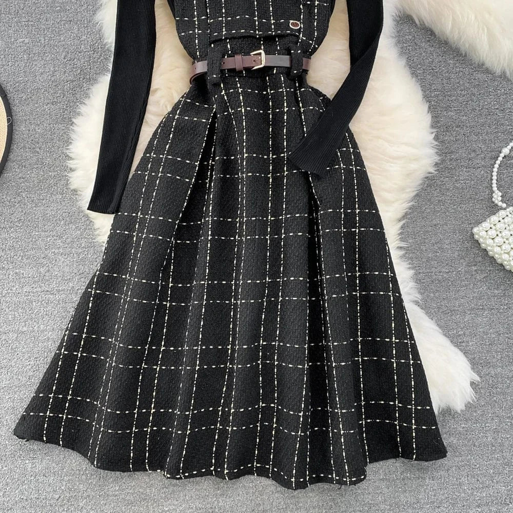 Autumn And Winter Retro Collar Sweater Two-Piece Plaid Tweed A-Line Dresses