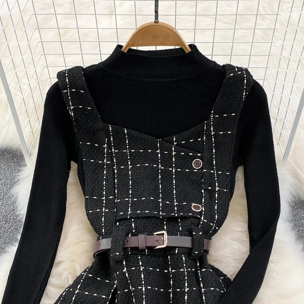 Autumn And Winter Retro Collar Sweater Two-Piece Plaid Tweed A-Line Dresses