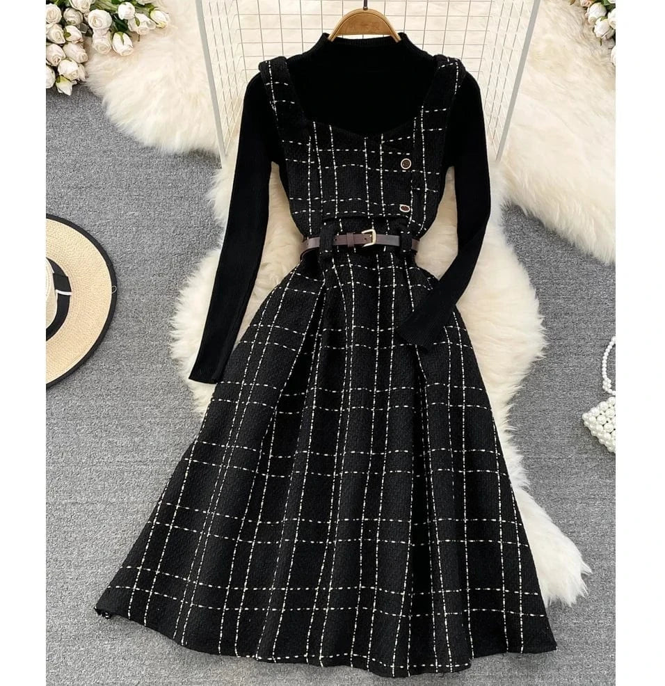 Autumn And Winter Retro Collar Sweater Two-Piece Plaid Tweed A-Line Dresses