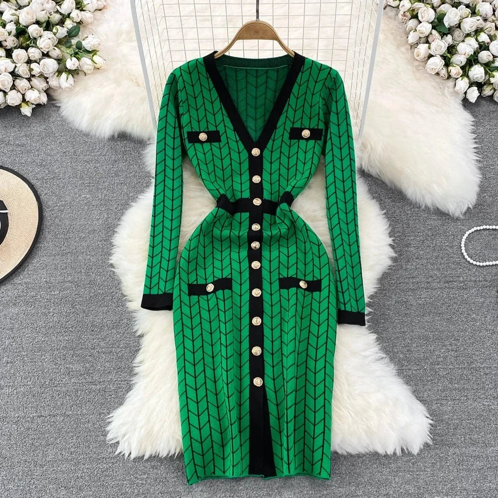 Autumn And Winter V-Neck Long-Sleeved Colorblocking Slim Mid-Length Split Knit Dresses