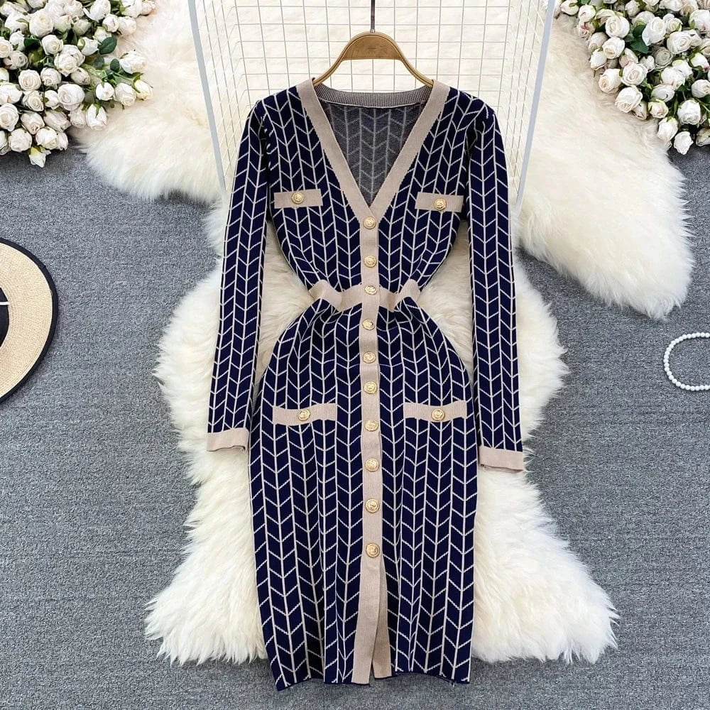 Autumn And Winter V-Neck Long-Sleeved Colorblocking Slim Mid-Length Split Knit Dresses