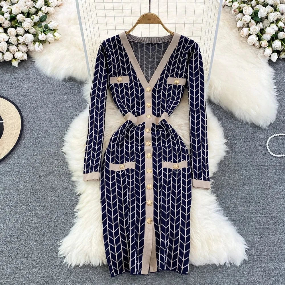 Autumn And Winter V-Neck Long-Sleeved Colorblocking Slim Mid-Length Split Knit Dresses
