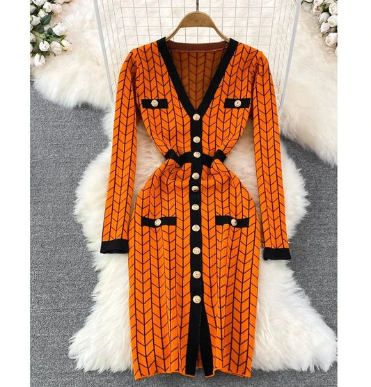 Autumn And Winter V-Neck Long-Sleeved Colorblocking Slim Mid-Length Split Knit Dresses