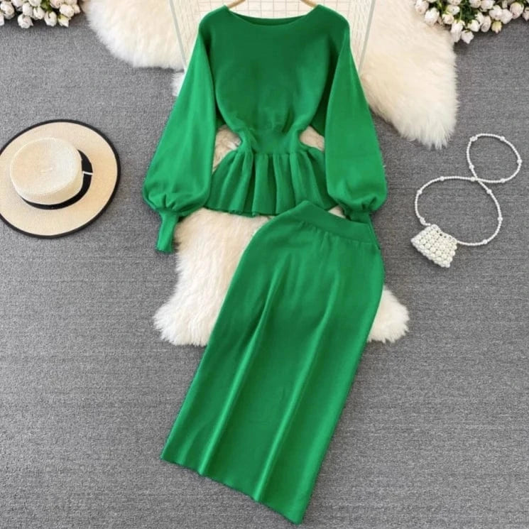 Autumn And Winter Vintage Fashion  Round Neck Slim Tops Half Skirt Y2K Knitted 2 Piece Women Two Piece Set