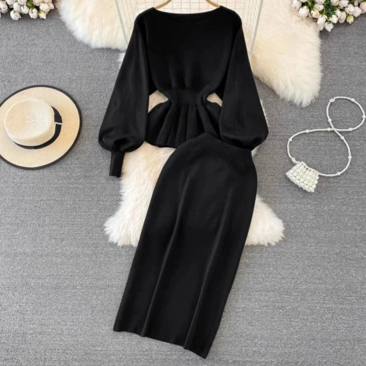 Autumn And Winter Vintage Fashion  Round Neck Slim Tops Half Skirt Y2K Knitted 2 Piece Women Two Piece Set