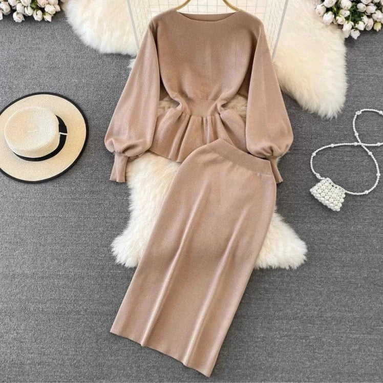 Autumn And Winter Vintage Fashion  Round Neck Slim Tops Half Skirt Y2K Knitted 2 Piece Women Two Piece Set