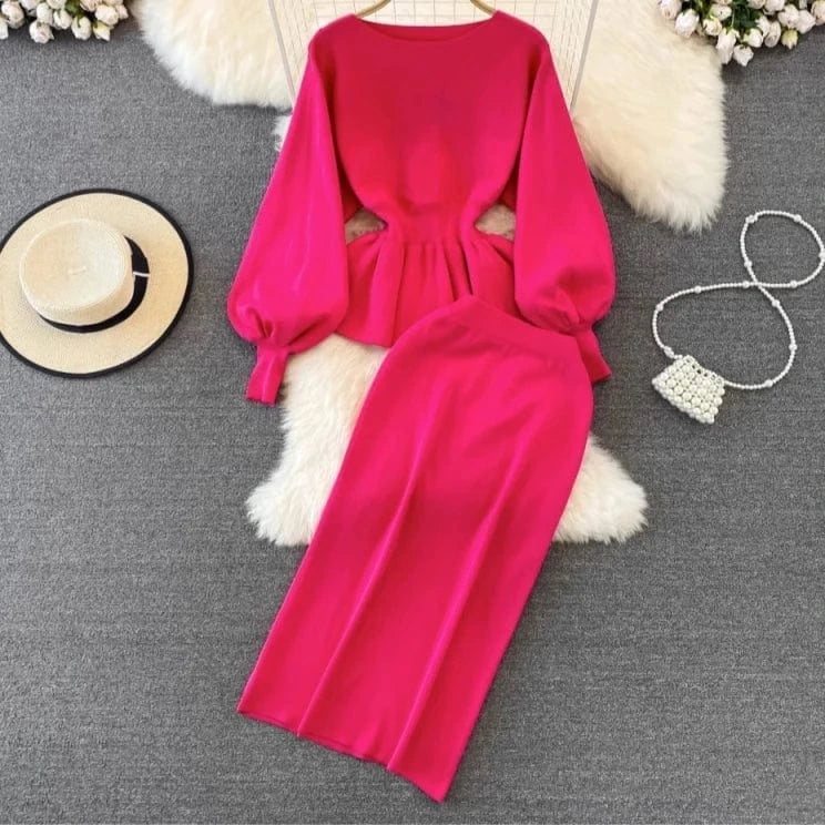 Autumn And Winter Vintage Fashion  Round Neck Slim Tops Half Skirt Y2K Knitted 2 Piece Women Two Piece Set