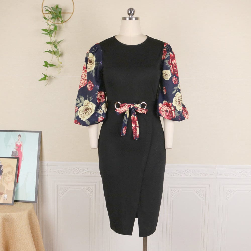 Autumn Bodycon Bowtie Printing African Women Office Career Dresses
