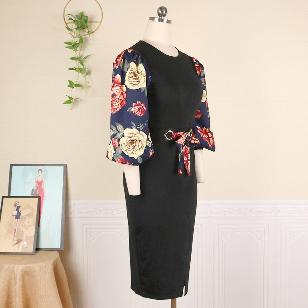 Autumn Bodycon Bowtie Printing African Women Office Career Dresses