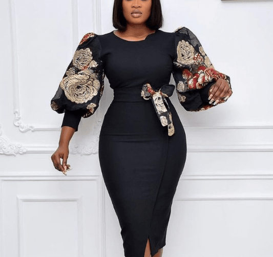 Autumn Bodycon Bowtie Printing African Women Office Career Dresses