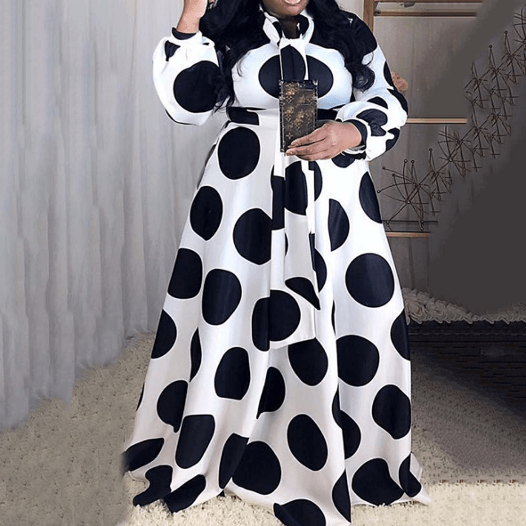 Autumn Bodycon Elegant White Dot Bowtie Collar Casual Women Dress