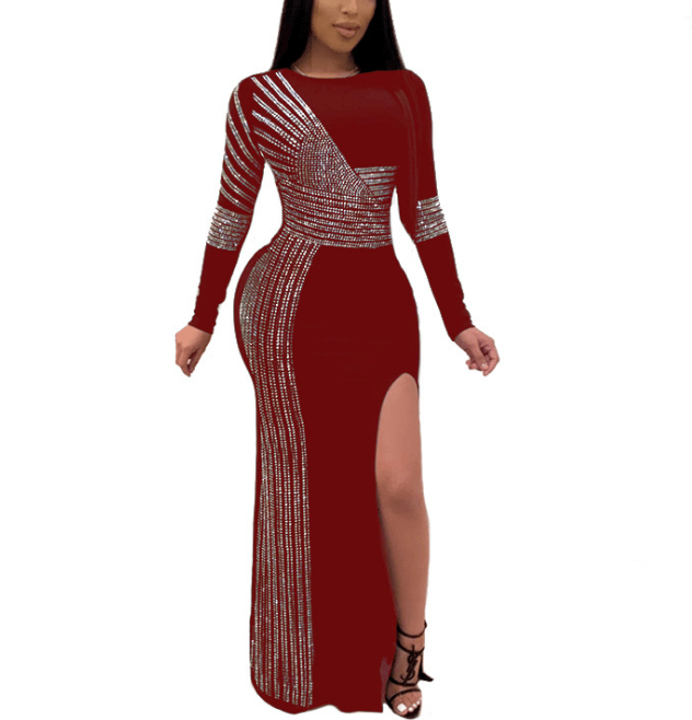 Autumn Bodycon Sexy Full Sleeve Pencil Long Beading Lady Prom Dress