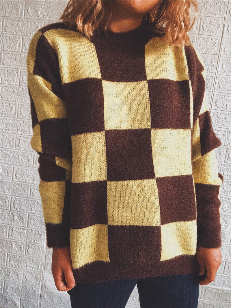 Autumn custom plaid patchwork round neck long sleeve loose knit oversized sweater pullover crew neck sweater for ladies
