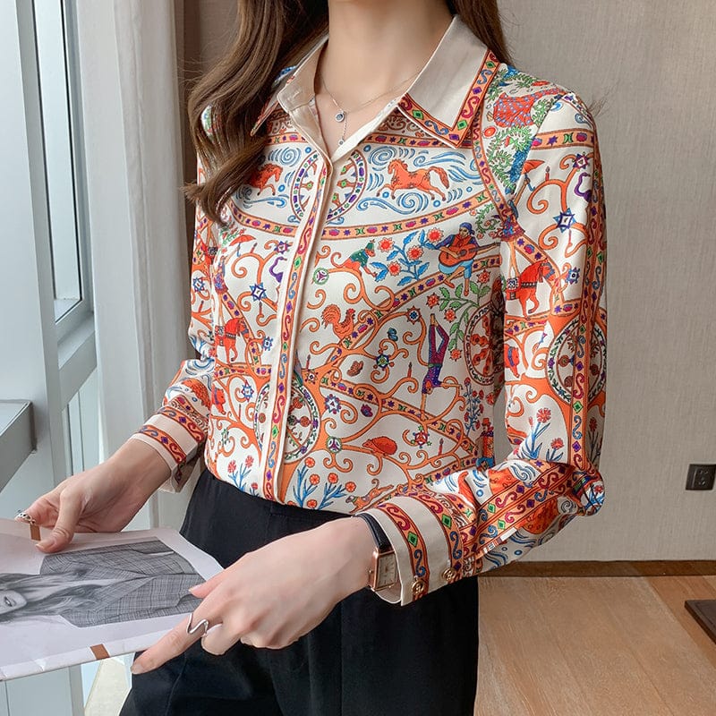 Autumn Elegant Allover Patchwork Turn Down Collar Blouse Shirt Women Chic Office Shirts For Ladies