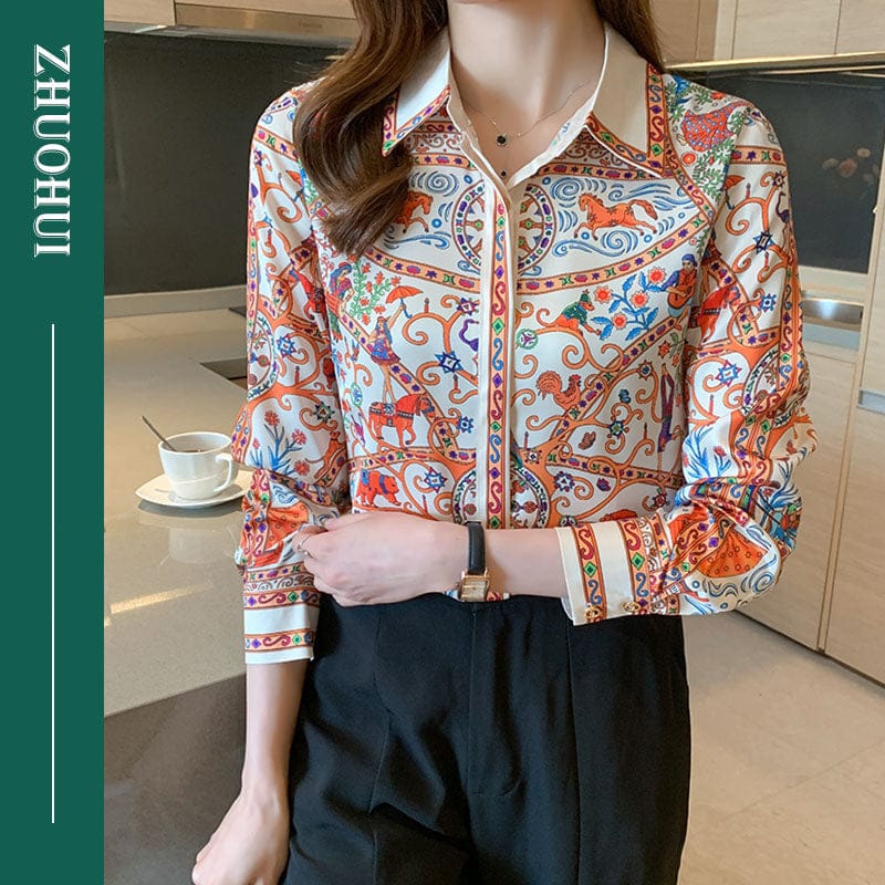 Autumn Elegant Allover Patchwork Turn Down Collar Blouse Shirt Women Chic Office Shirts For Ladies