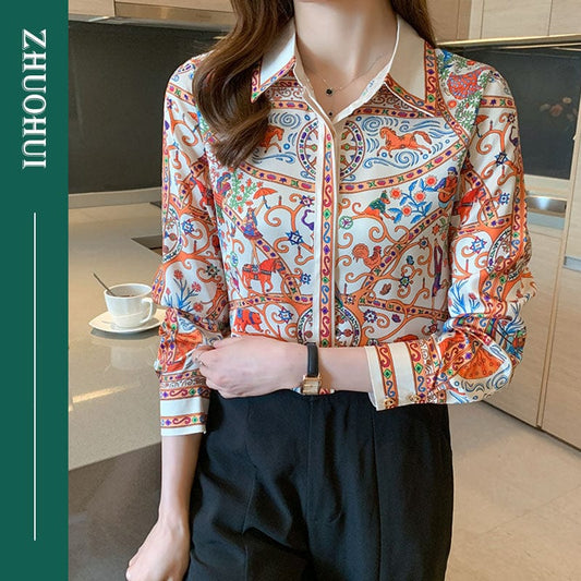 Autumn Elegant Allover Patchwork Turn Down Collar Blouse Shirt Women Chic Office Shirts For Ladies