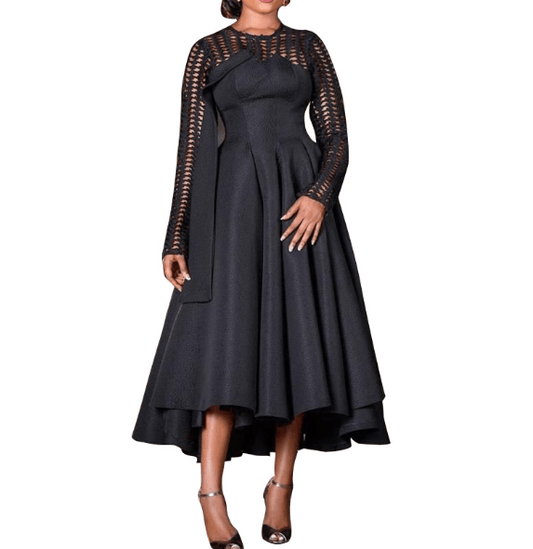 Autumn Elegant Black Round Neck Patchwork Grids Casual Lady Dresses