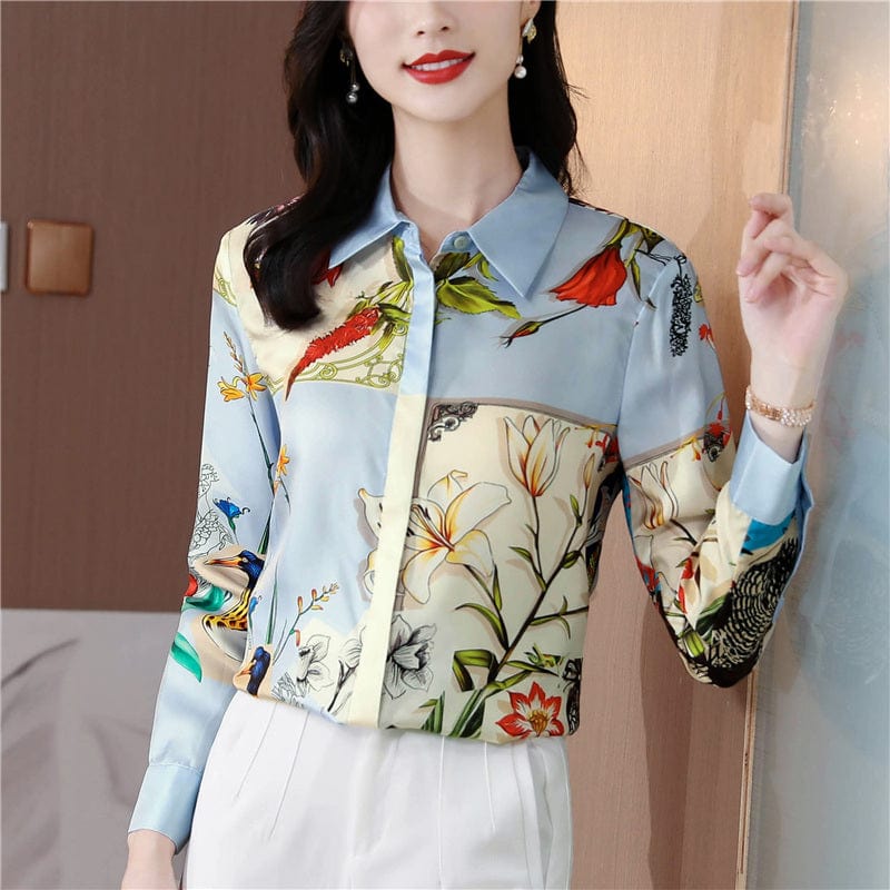 Autumn Elegant Eton Collar Single Breasted Patchwork Print Blouse Tops Women Slim Daily Work Flexible Shirts For Ladies